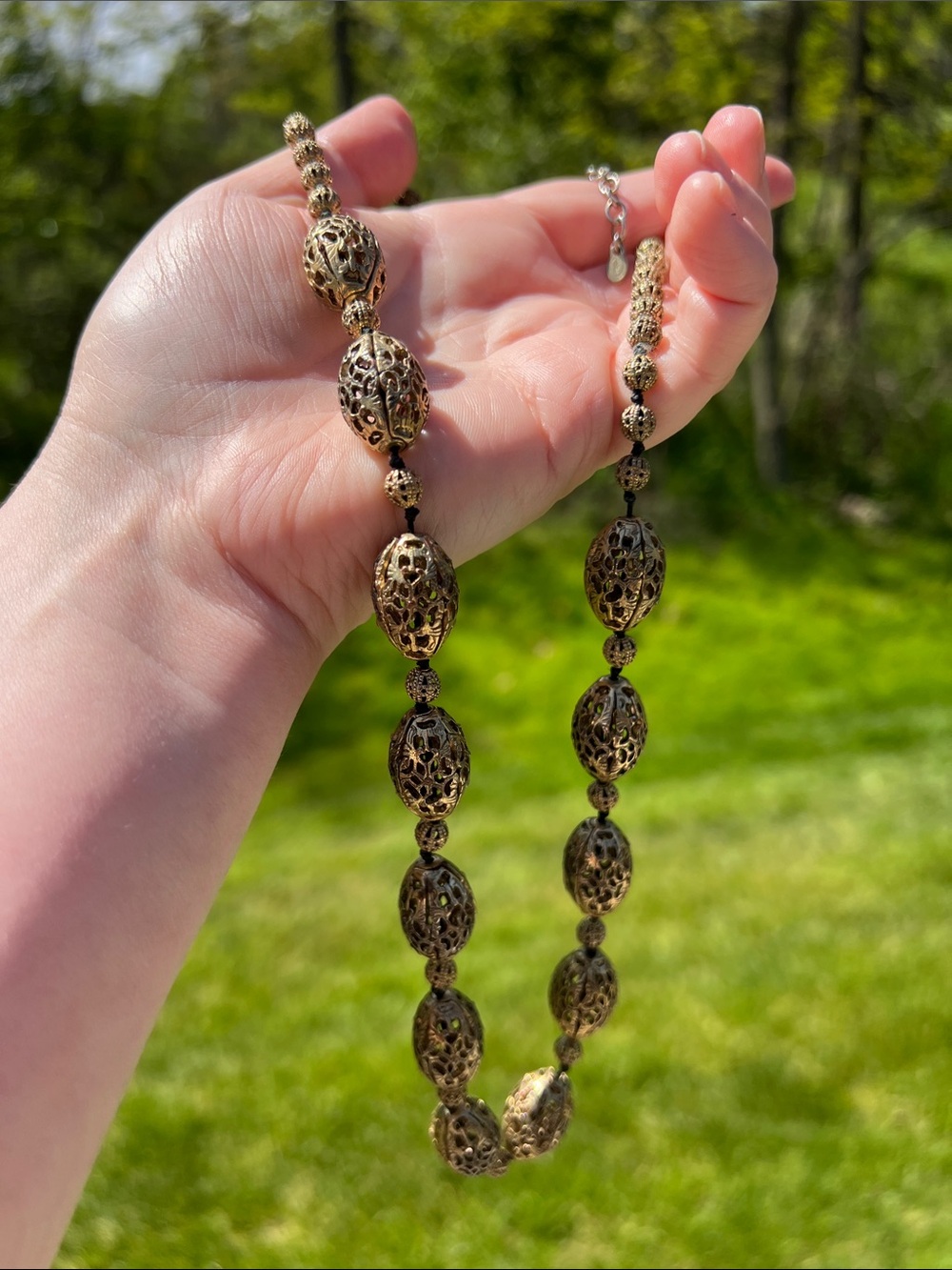 Vintage Monet Signed Ornate Gold Filigree Beaded Handknotted Statement Necklace